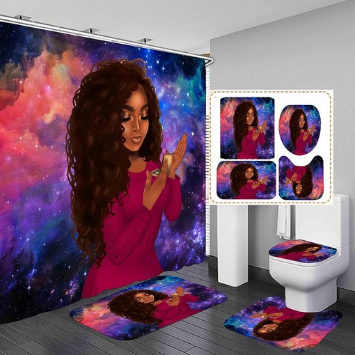 Blue African American Shower Curtain Set with Matching Bathroom Accessories