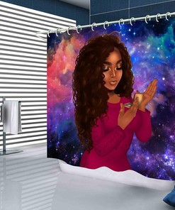 Blue African American Shower Curtain Set with Matching Bathroom Accessories