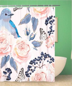 Blue Bird Vintage Roses Pattern Shower Curtain - Berry Blossom Botanical Bathroom Decor