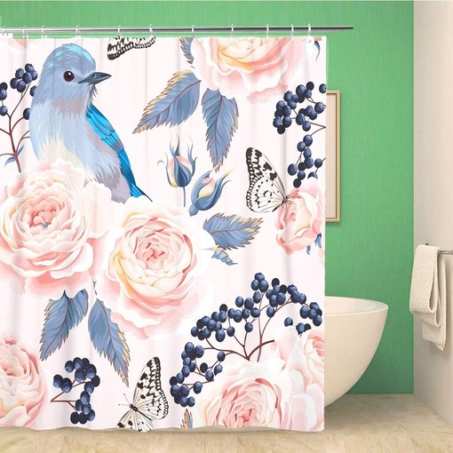 Blue Bird Vintage Roses Pattern Shower Curtain - Berry Blossom Botanical Bathroom Decor