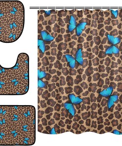 Blue Butterfly Leopard Spot Shower Curtain with Matching Mat and Contour - Unique Bathroom Decor