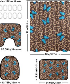 Blue Butterfly Leopard Spot Shower Curtain with Matching Mat and Contour - Unique Bathroom Decor