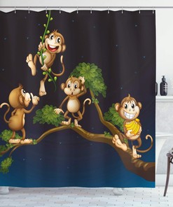 Blue Caramel Nature Shower Curtain with Animal Theme Illustration of 4 Monkeys on The Tree Branch Art for a Playful Bathroom Decor