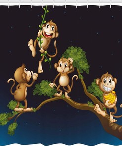Blue Caramel Nature Shower Curtain with Animal Theme Illustration of 4 Monkeys on The Tree Branch Art for a Playful Bathroom Decor