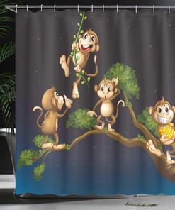 Blue Caramel Nature Shower Curtain with Animal Theme Illustration of 4 Monkeys on The Tree Branch Art for a Playful Bathroom Decor