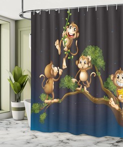 Blue Caramel Nature Shower Curtain with Animal Theme Illustration of 4 Monkeys on The Tree Branch Art for a Playful Bathroom Decor