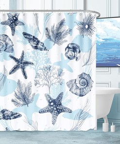 Blue Coastal Seashell Coral Bathroom Shower Curtain for Home Decor