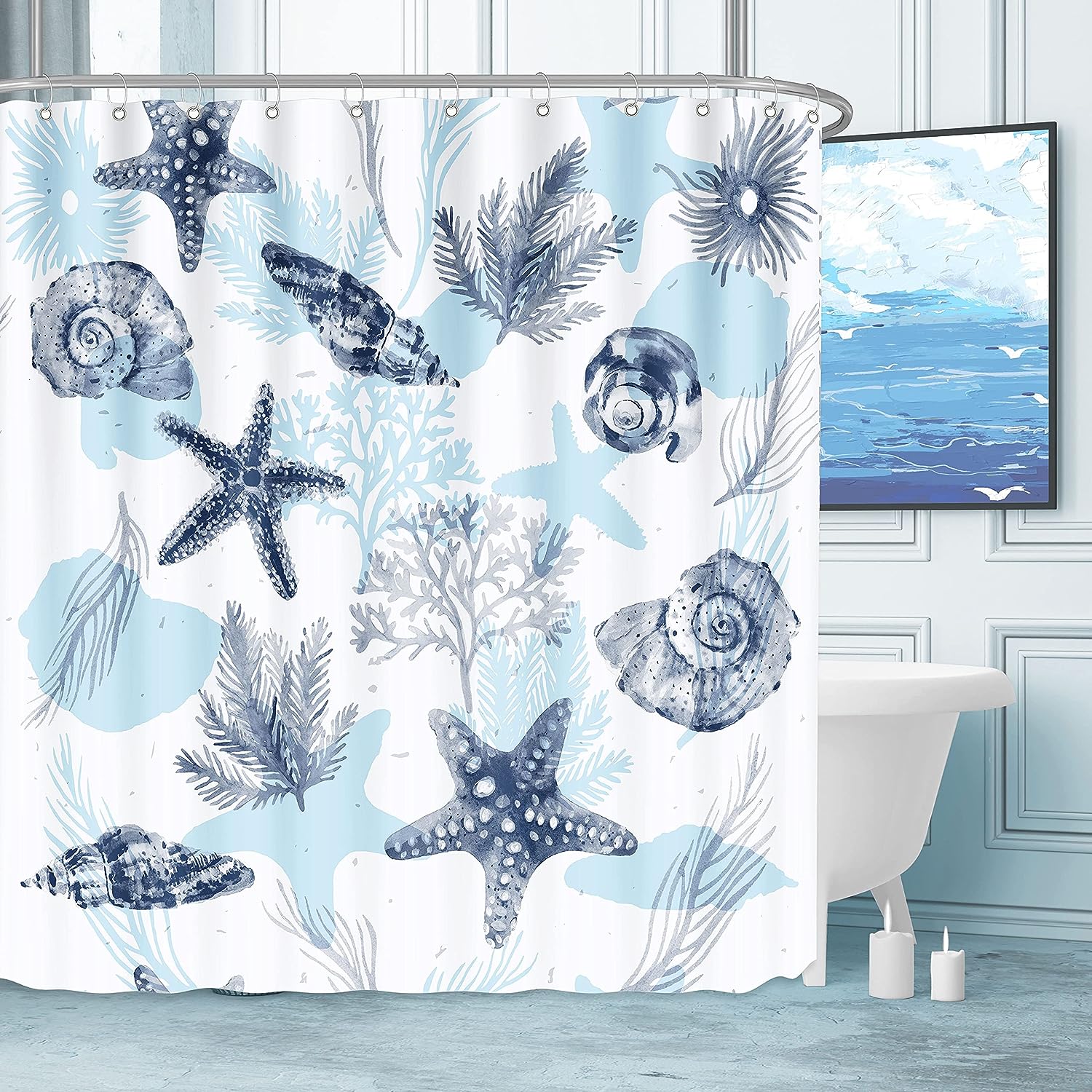 Blue Coastal Seashell Coral Bathroom Shower Curtain for Home Decor