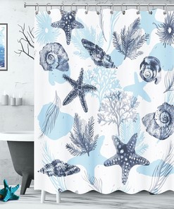 Blue Coastal Seashell Coral Bathroom Shower Curtain for Home Decor