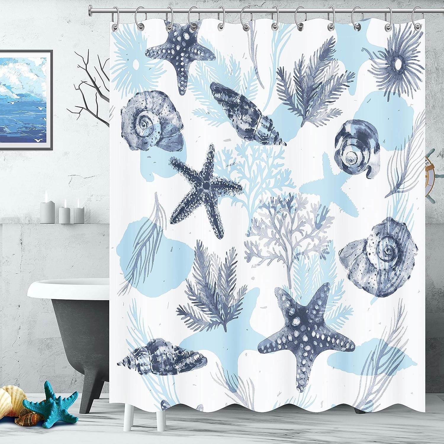 Blue Coastal Seashell Coral Bathroom Shower Curtain for Home Decor