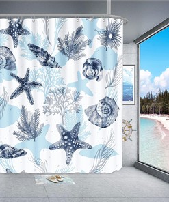 Blue Coastal Seashell Coral Bathroom Shower Curtain for Home Decor