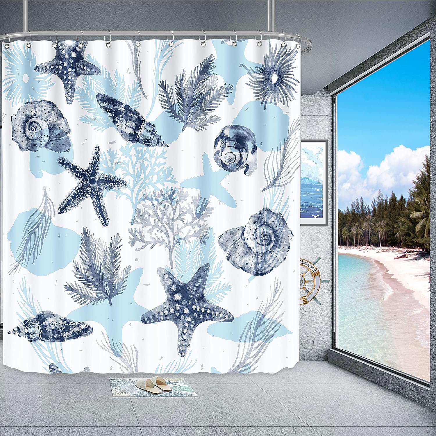 Blue Coastal Seashell Coral Bathroom Shower Curtain for Home Decor