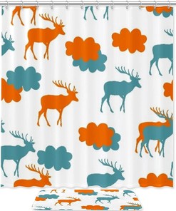 Blue Deer and Cloud Silhouette Shower Curtain in Waterproof Fabric for Bathroom Decor