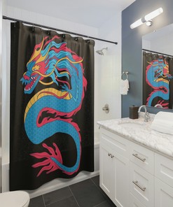 Blue Dragon Shower Curtain, Mythical Creature Design, Bathroom Decor