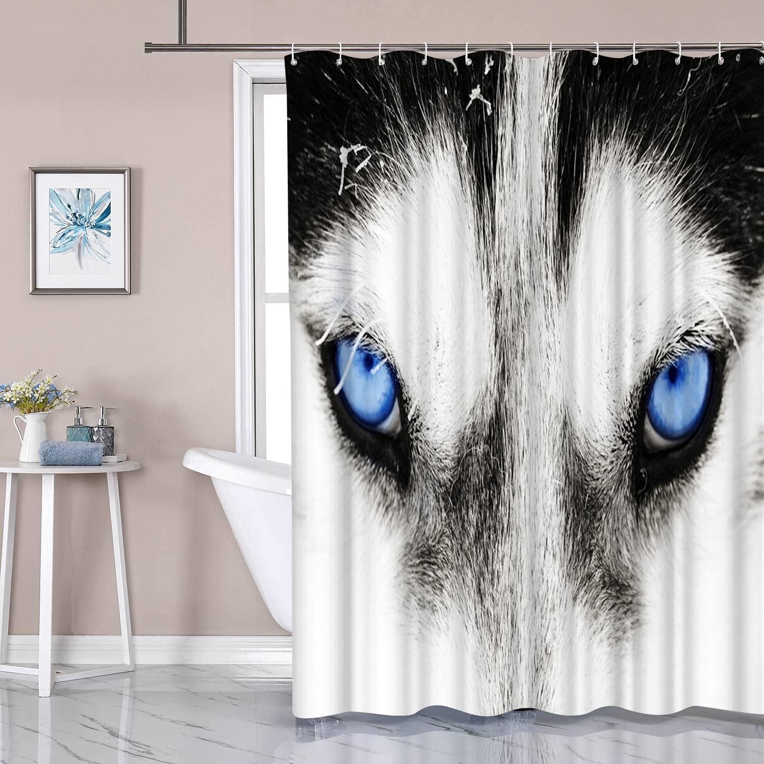 Blue Eyes Husky Wolf Dog Shower Curtain Bathoom Decor with Artistic Design