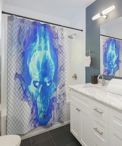 Blue Flaming Skull Fabric Shower Curtain - Bathroom Decor with Personality 