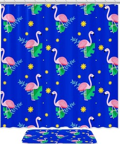 Blue Flamingo with Flowers Waterproof Shower Curtain - Botanical Bathroom Curtain 