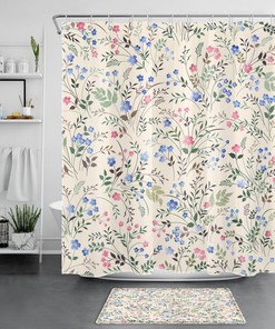 Blue Floral Botanical Pink Flower Shower Curtain - Chic Bathroom Decor 