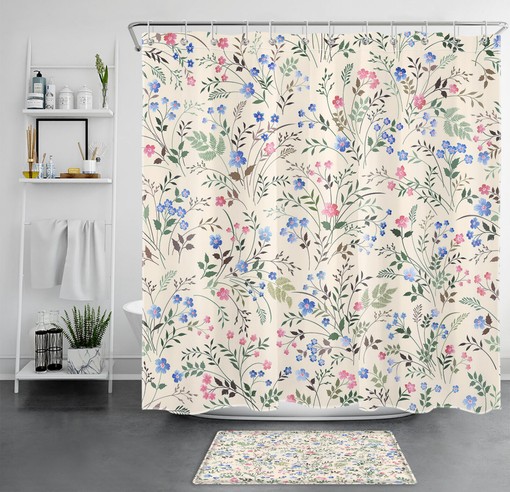 Blue Floral Botanical Pink Flower Shower Curtain - Chic Bathroom Decor