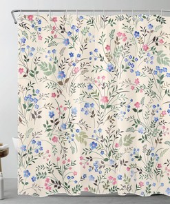 Blue Floral Botanical Pink Flower Shower Curtain - Chic Bathroom Decor