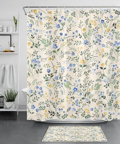 Blue Floral Botanical Yellow Flower Bathroom Curtain - Natural Home Decor 