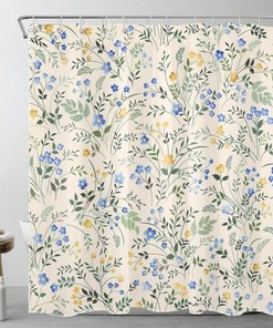 Blue Floral Botanical Yellow Flower Bathroom Curtain - Natural Home Decor