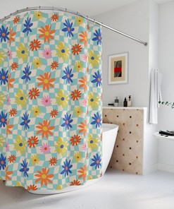 Blue Floral Checker Modern Shower Curtain - Hippie Style Home Decor