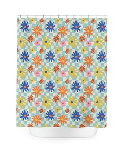Blue Floral Checker Modern Shower Curtain - Hippie Style Home Decor