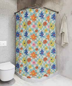 Blue Floral Checker Modern Shower Curtain - Hippie Style Home Decor 