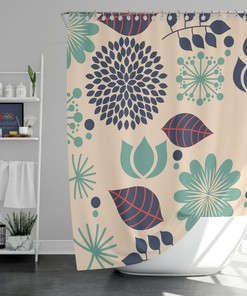 Blue Floral Chrysanthemum Linen Shower Curtain - Botanical Bathroom Decor 