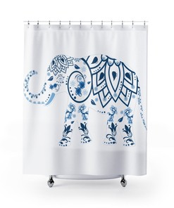 Blue Floral Elephant Shower Curtain for Bathroom - Boho Chic Home Decor 