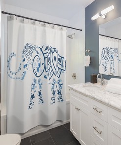 Blue Floral Elephant Shower Curtain for Bathroom - Boho Chic Home Decor