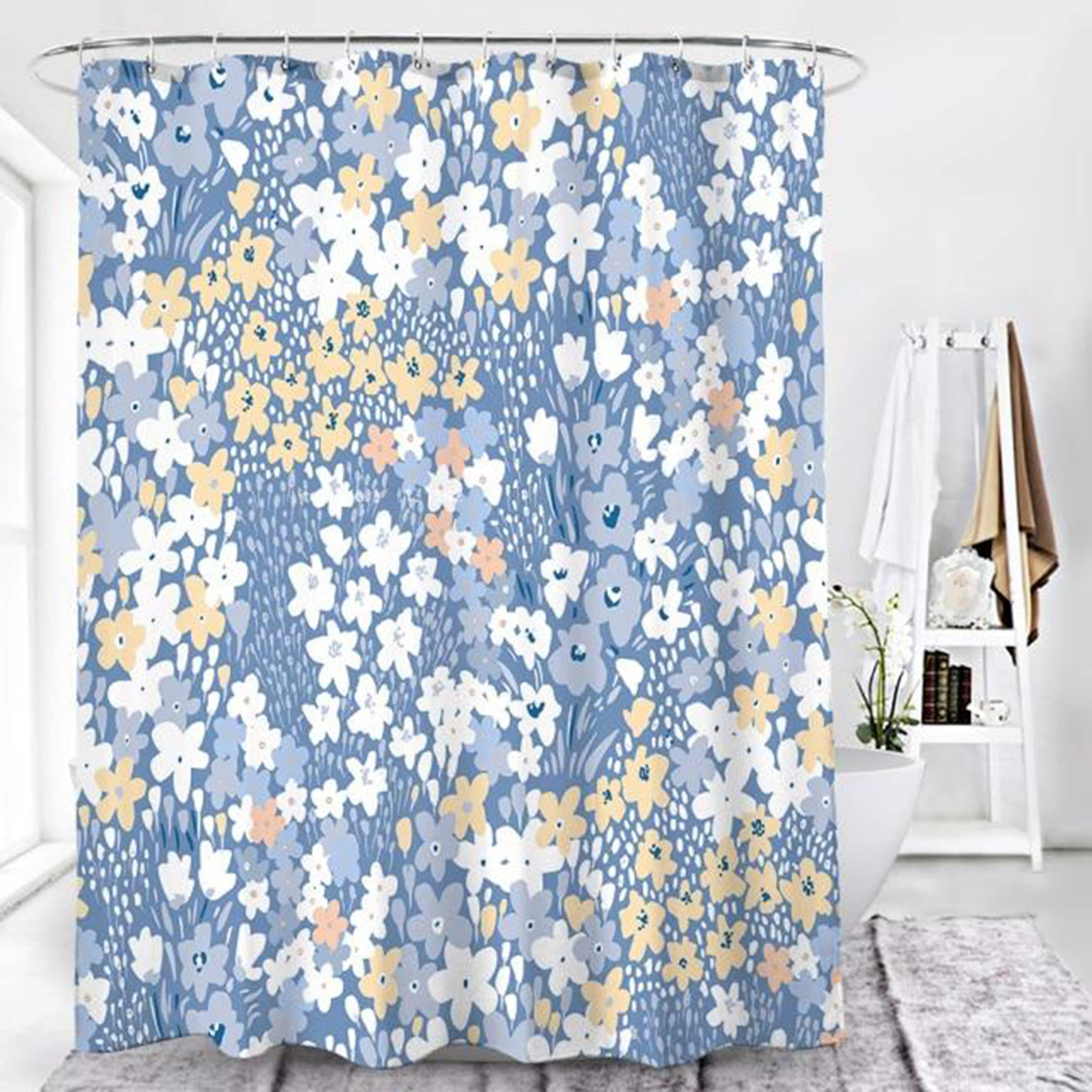 Blue Floral Flowers Tropical Garden Shower Curtain - Botanical Bathroom Decor