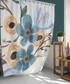 Blue Floral Flowers Watercolor Shower Curtain - Botanical Bathroom Decor 