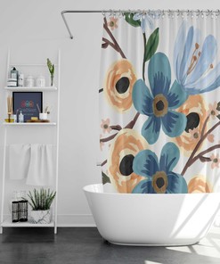 Blue Floral Flowers Watercolor Shower Curtain - Botanical Bathroom Decor