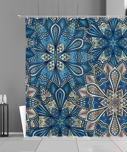 Blue Floral Mandala Geometric Shower Curtain - Bohemian Bathroom Decor 
