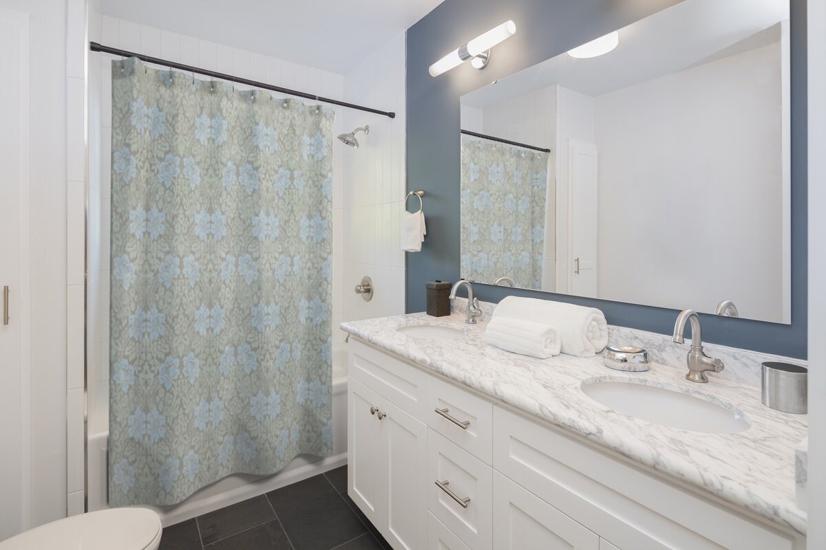 Blue Floral Retro Boho Shower Curtain - Unique Bathroom Decor