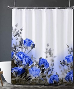 Blue Floral Roses Fabric Shower Curtain - Floral Bathroom Decor 