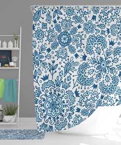 Blue Floral Vintage Shower Curtain - Bohemian Bathroom Decor 