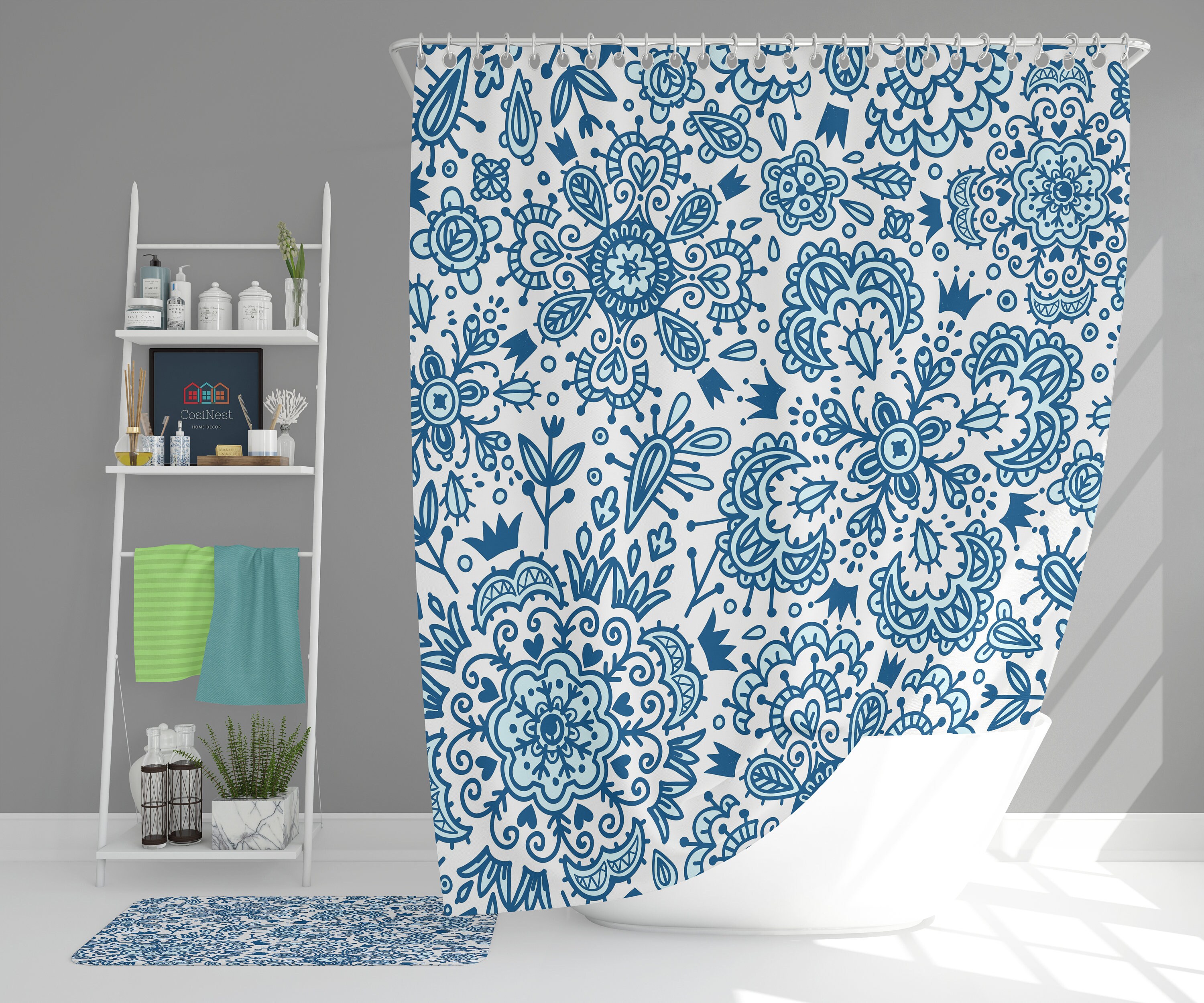 Blue Floral Vintage Shower Curtain - Bohemian Bathroom Decor