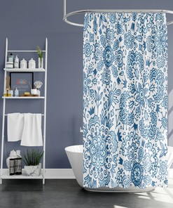 Blue Floral Vintage Shower Curtain - Bohemian Bathroom Decor