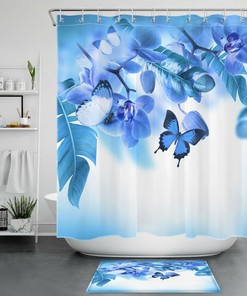 Blue Flower Butterfly Shower Curtain - Tropical Bathroom Accessories 