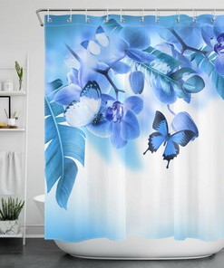 Blue Flower Butterfly Shower Curtain - Tropical Bathroom Accessories
