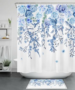 Blue Flower Leaf Shower Curtain - Botanical Bathroom Decor 