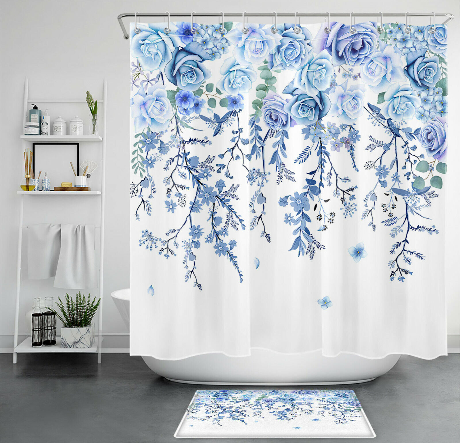 Blue Flower Leaf Shower Curtain - Botanical Bathroom Decor