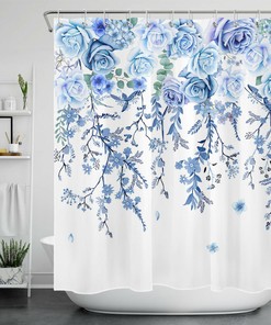 Blue Flower Leaf Shower Curtain - Botanical Bathroom Decor