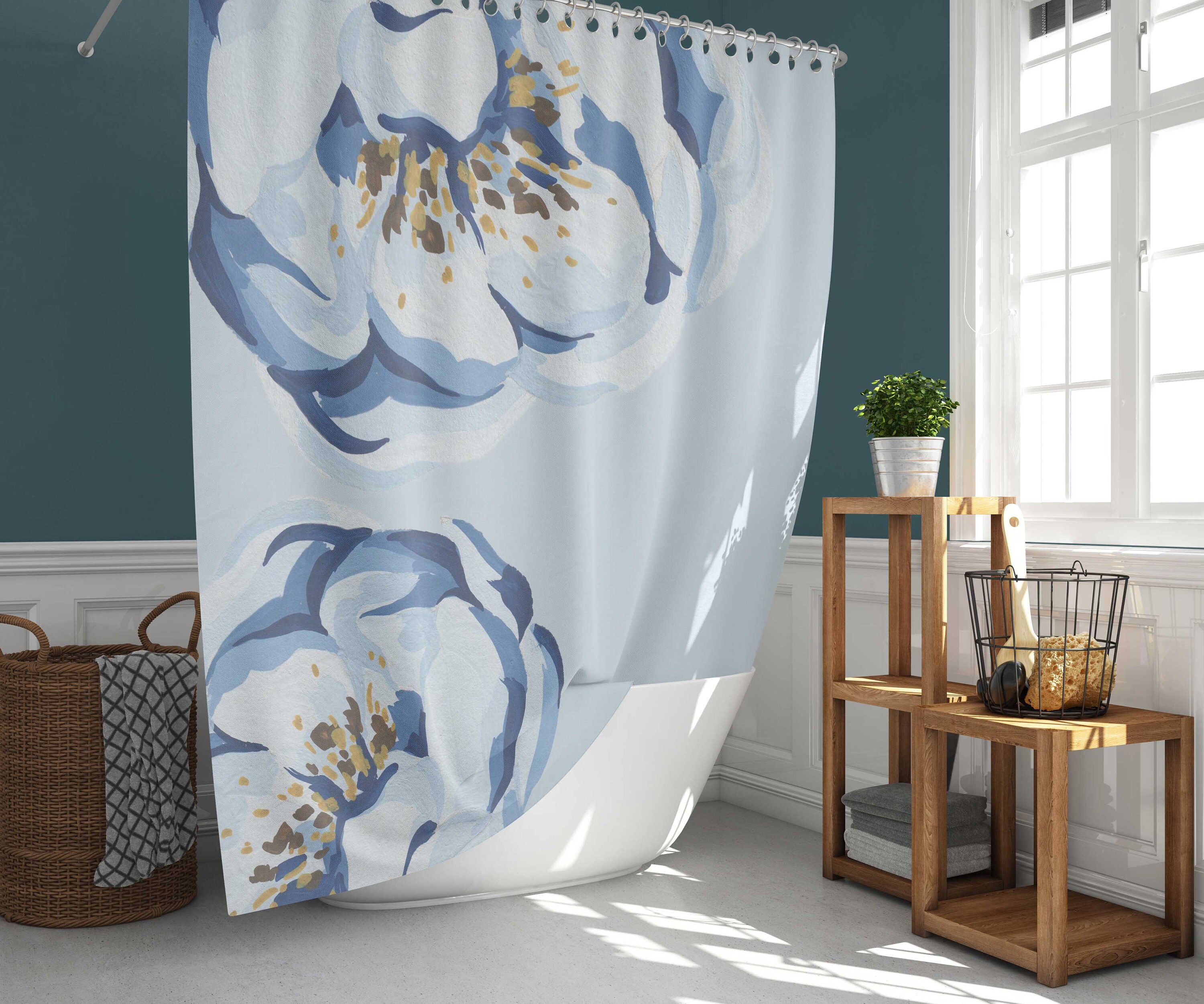 Blue Flower Watercolor Shower Curtain - Minimalist Bathroom Decor