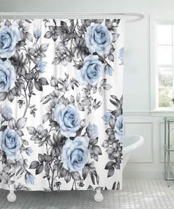 Blue Flowers and Leaves Watercolor Floral Home Bathroom Decor Fabric Waterproof Shower Curtain