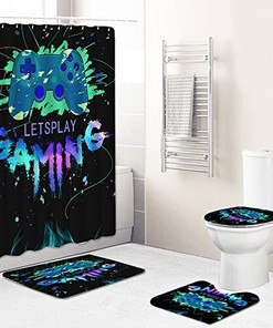 Blue Gamer Boys Shower Curtain Set for Playful Bathroom Decor