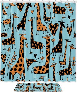 Blue Giraffe Animal Printing Waterproof Fabric Bathroom Shower Curtain